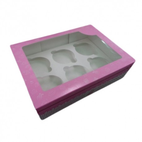 Caja para 6 cupcakes con ventana. Color rosa